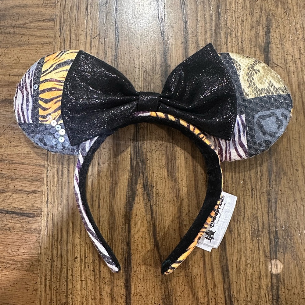 Disney Parks Animal Print Mickey Mouse Ears with Bow Headband with Black Accents